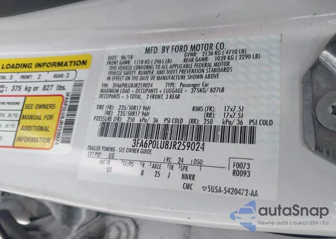 2018 Ford Fusion Hybrid Se from USA, damaged, VIN 3FA6P0LU8JR259024